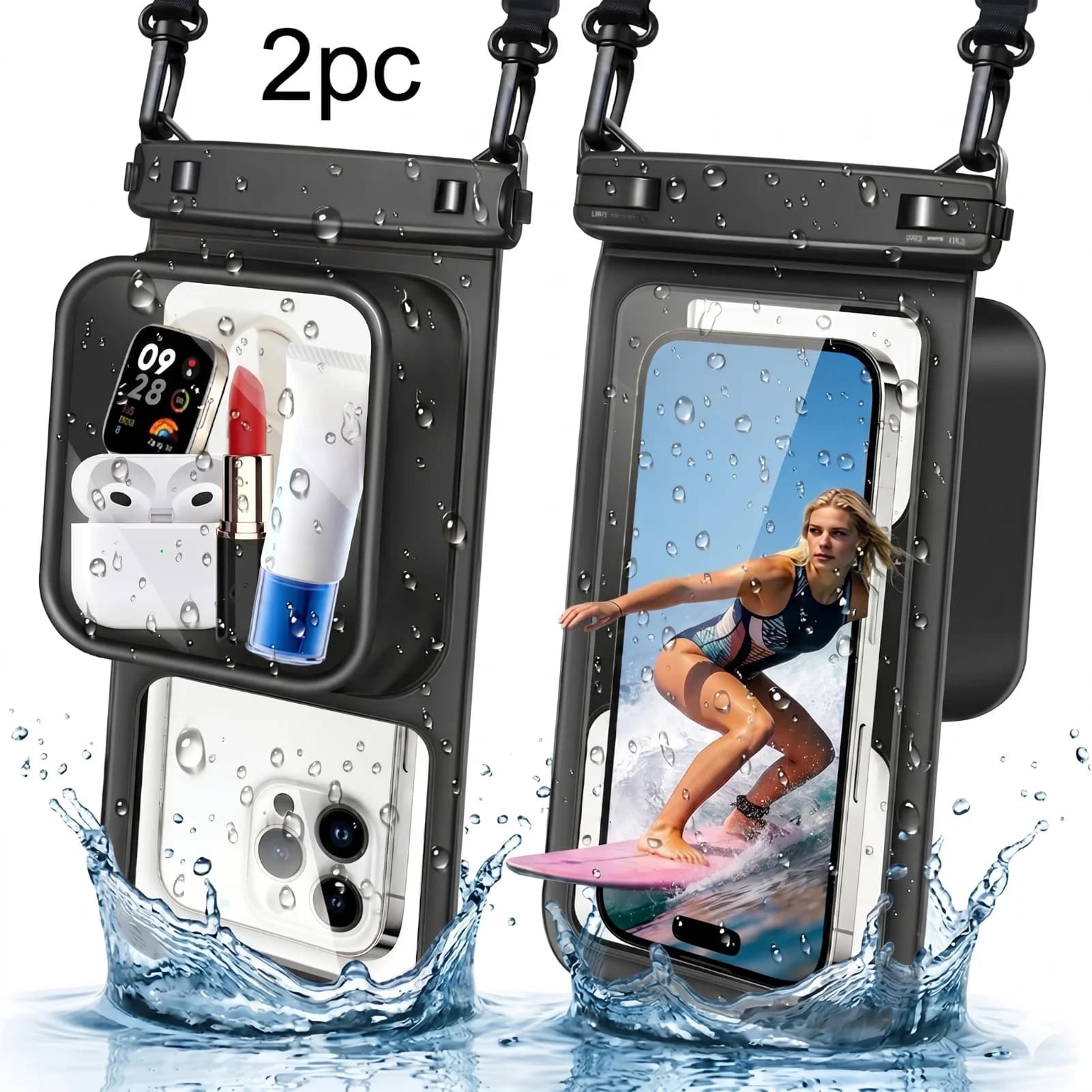 2PCS IPX8 Waterproof Phone Case with Separate Pocket, Touch Screen Waterproof Phone Pouch Dry Bag with Lanyard for Up to 7.5 in Smartphones, Beach, Swimming
