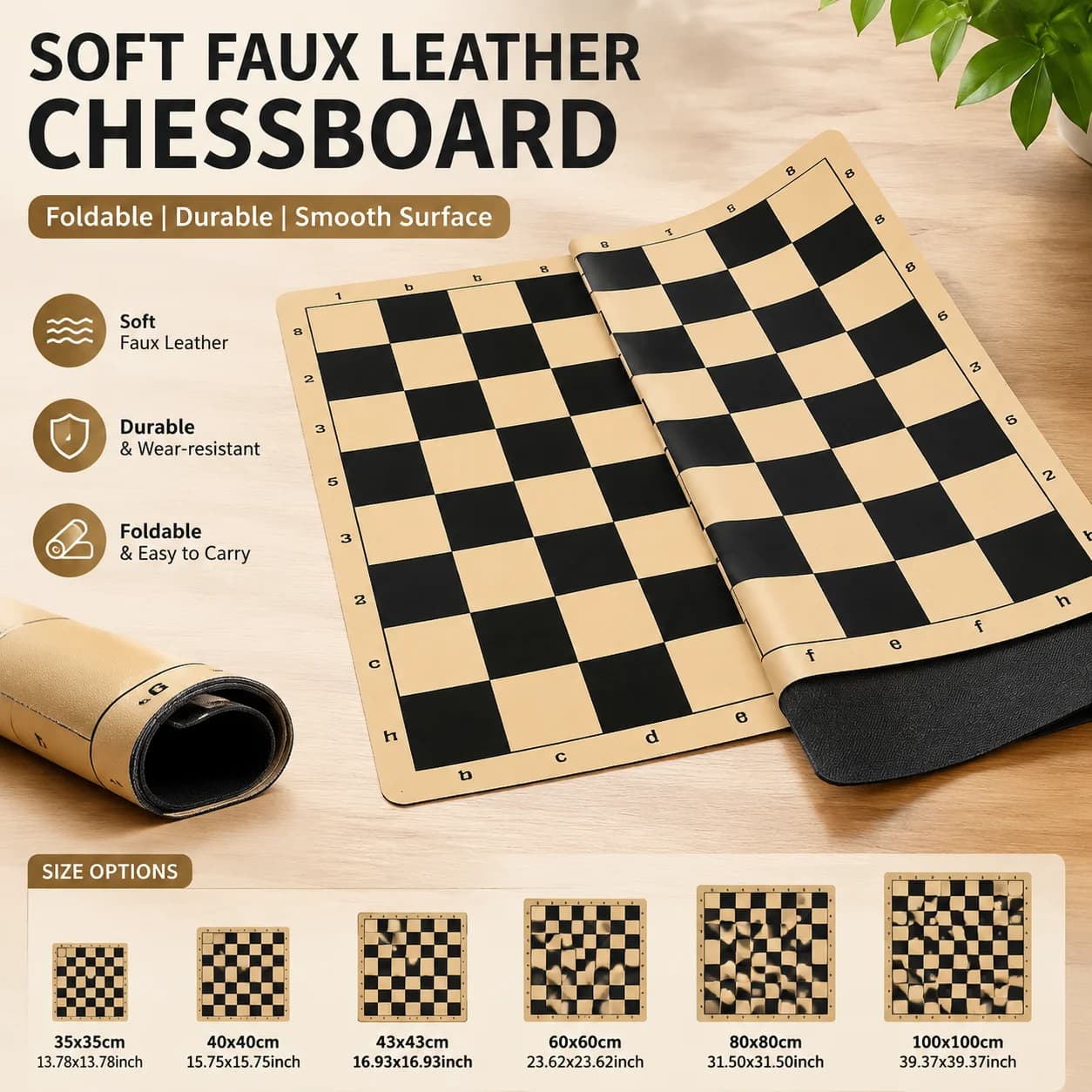 Portable Foldable PU Leather Chessboard Mat with Coordinates Soft Faux Leather Chess Playing Board for Chess Games