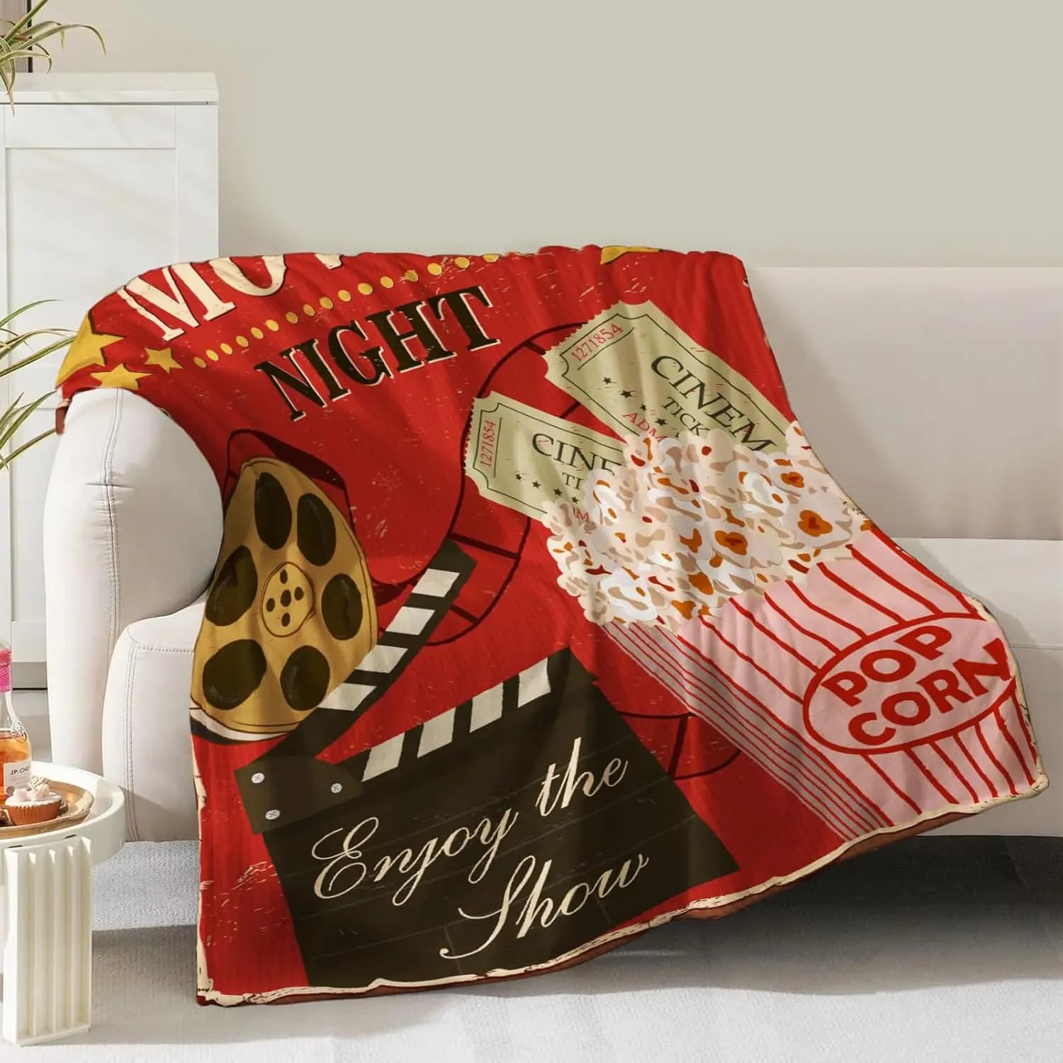 Coperta a Tema Cinematografico con Stampa Bobina di Pellicola e Popcorn, Tessile per la Casa, Regalo per Donne, Uomini, Ragazze, Ragazzi, Bambini, Adulti, Adolescenti, Appassionati di Cinema e Cultura Pop