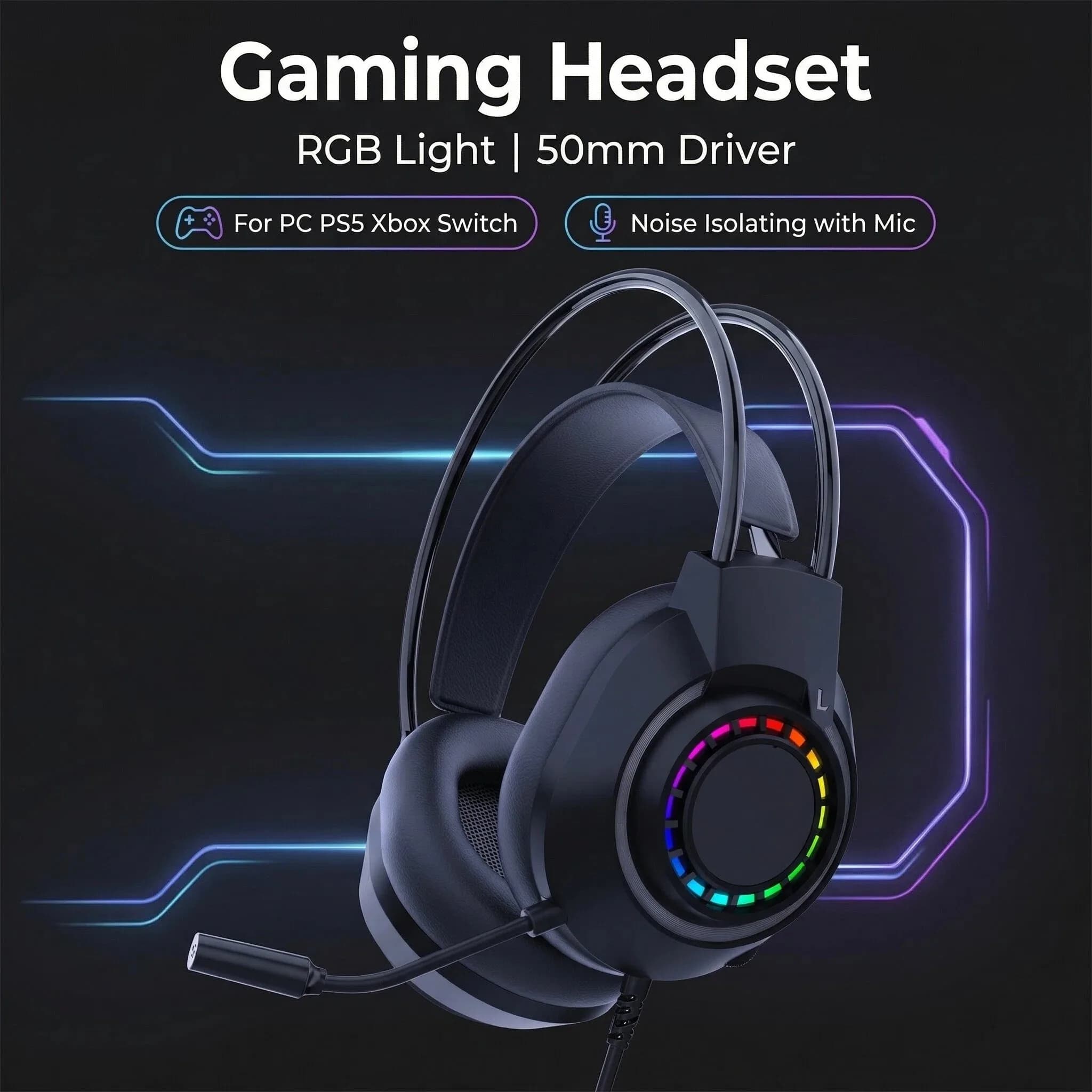 daWESDAR OFFICIAL daCuffies with LED light and powerful bass, headphones for PC players