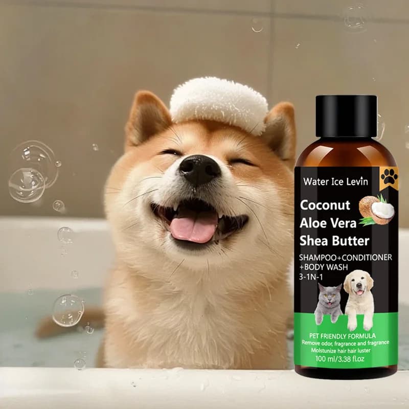 Water Ice Levin 100ml Pet 3‑IN‑1 Wash Shampoo Conditioner Coconut Aloe Vera Shea Butter Moisturizing Hair Care For Dogs And Cats
