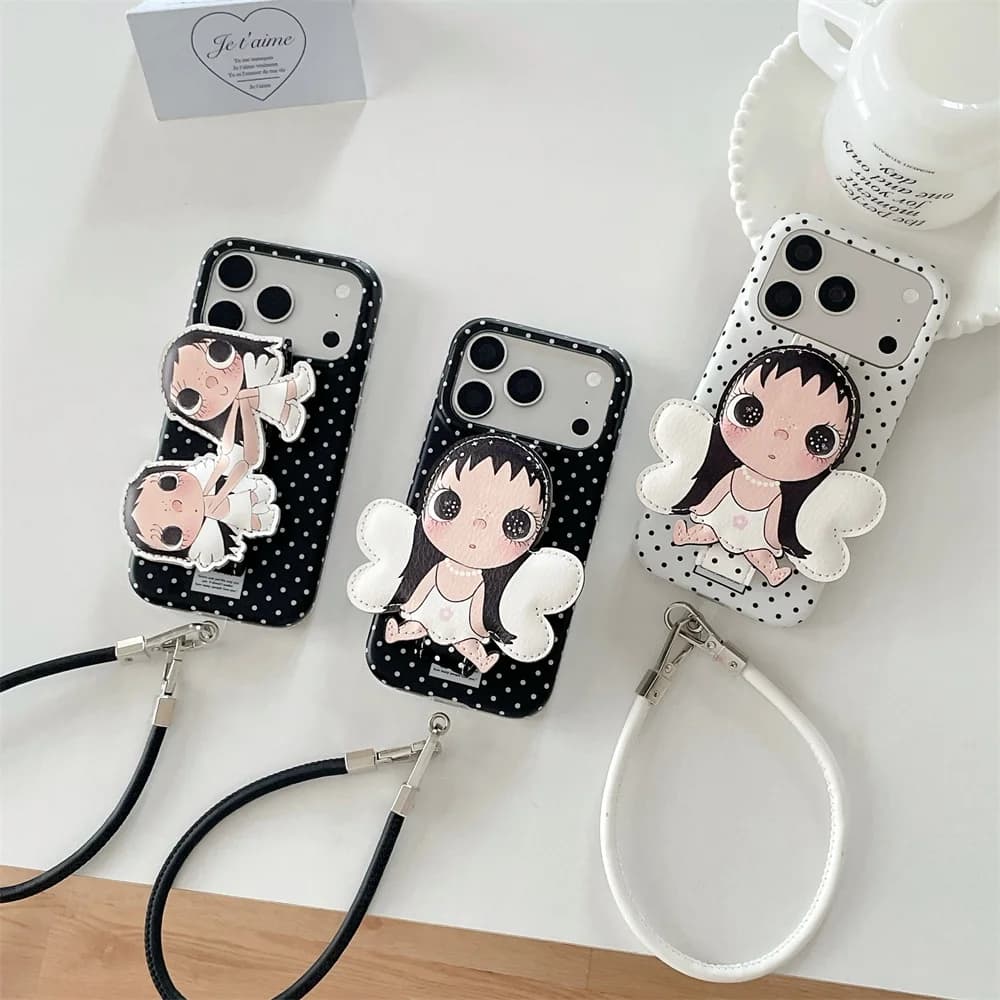 Korean Polka Dot Cute 3D Wings Cartoon Girl Leather Phone Case For iPhone 17 16 15 16 Pro Max 17 Pro 15 Pro Case With Chain Cove