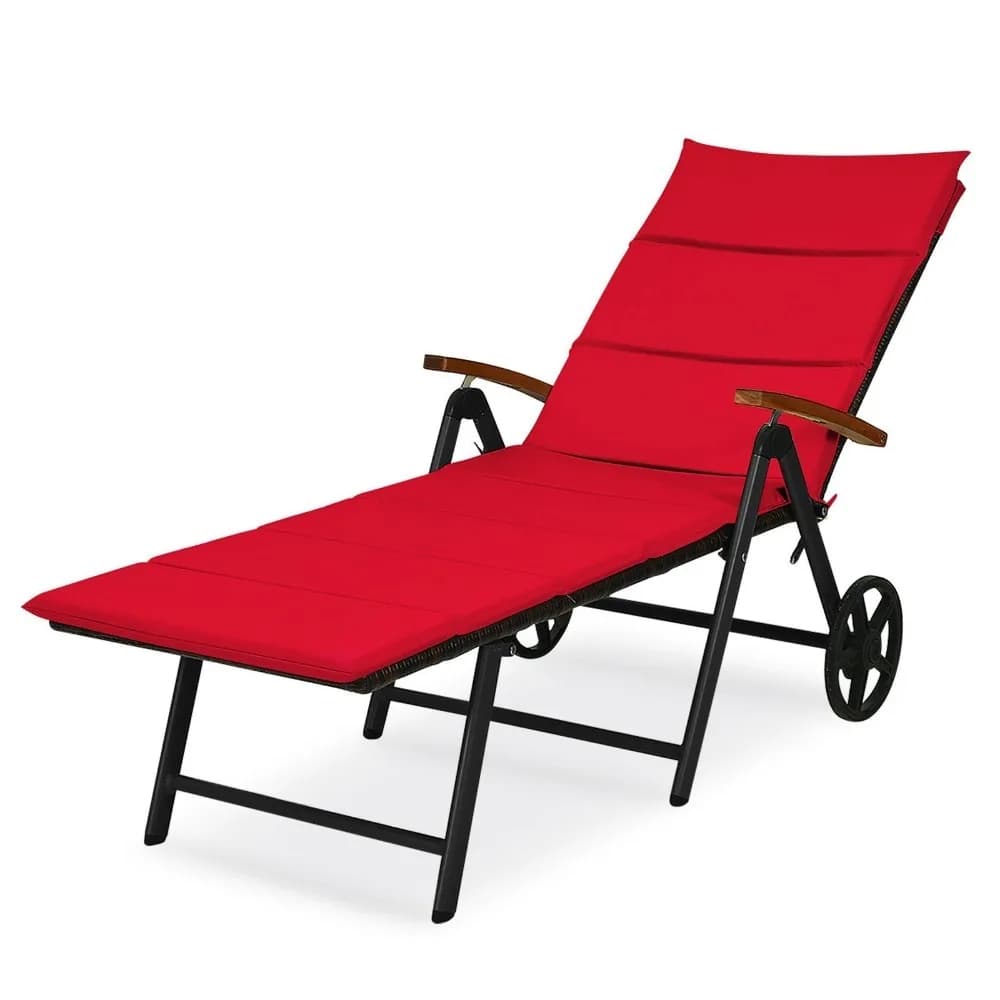 Sedia a sdraio pieghevole in rattan per patio, in alluminio con ruote e cuscino rosso
