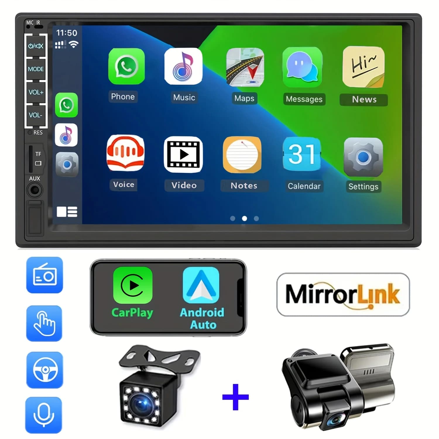 Autoradio 2 Din with Touchscreen HD 7 Inches, CarPlay, Android Auto, Video Player for Auto with Dash Cam and Camera Rear, Bluetooth, USB, TF