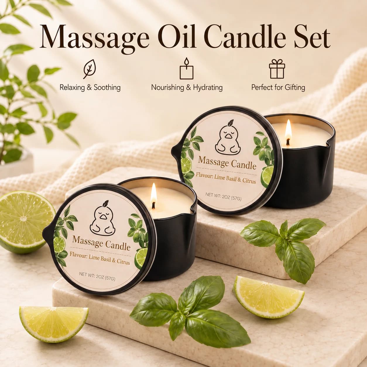 2 Pack Lime Basil & Citrus Massage Oil Candle Set, 2oz Scented Candles for Body Massage, Fresh Citrus Aromatherapy Candle, Nourishing & Hydrating Home Spa, Relaxing & Soothing Self Care Gift for Women, Couples, Birthday, Anniversary, Holiday Gift