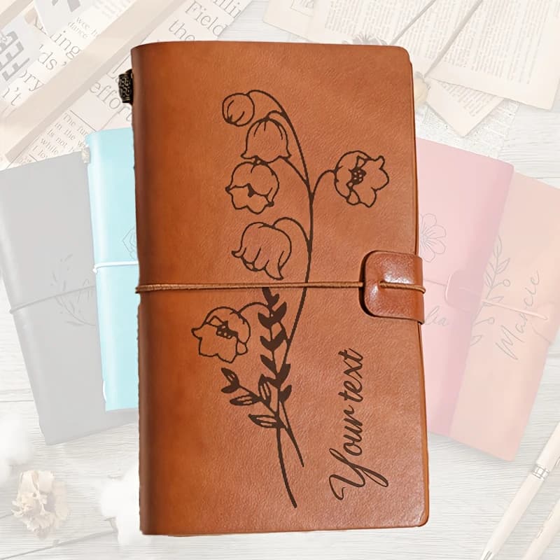 Personalized Leather Journal, Engraved Birth Flower Notebook, Travel Journal with Name, Pattern Leather Notebook, Birthday Gift