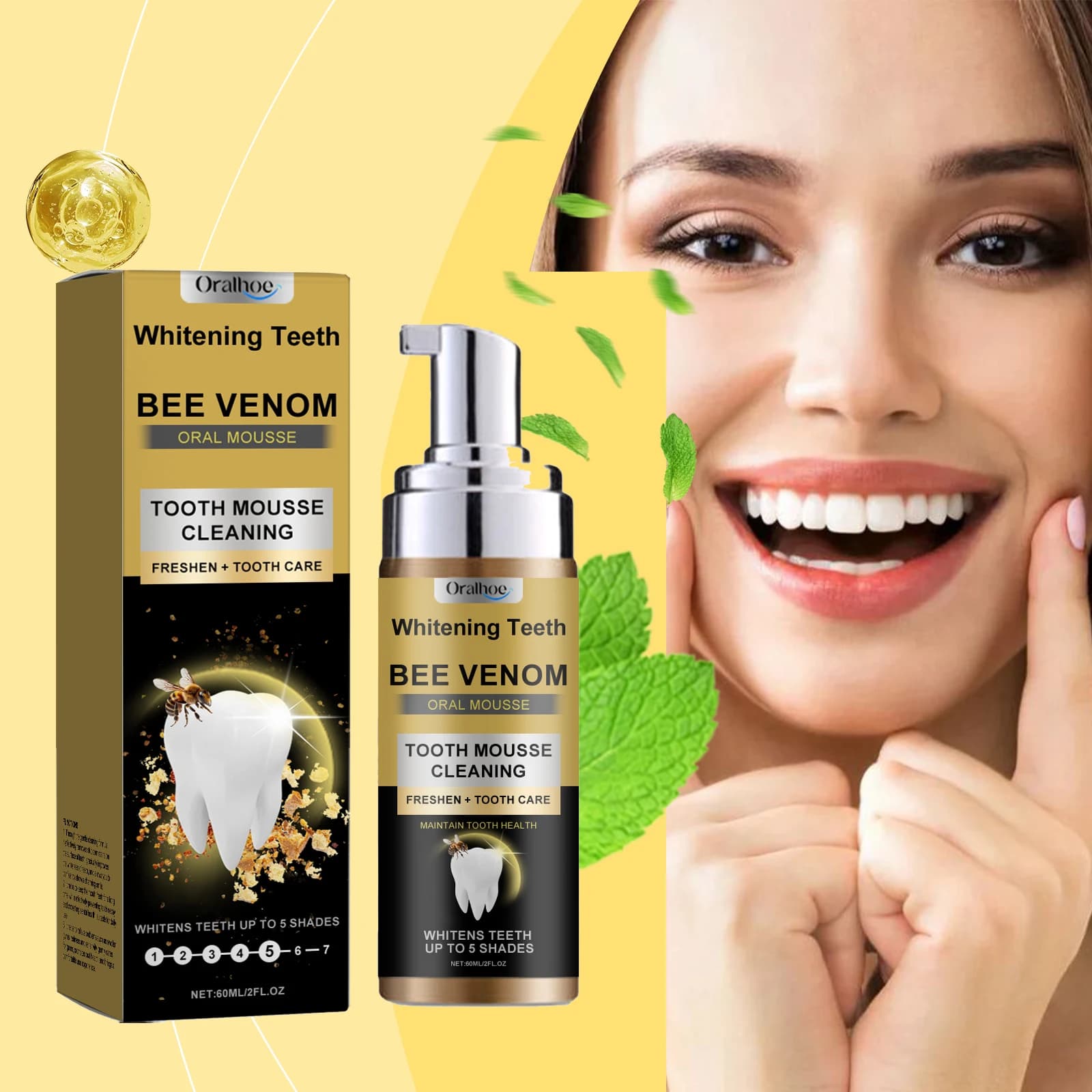 Oralhoe 60ml Bee Veil Mousse for teeth cleaning Dental whitening Macchia Placca gum repair Remove fresh breath Enlighten your teeth Mousse
