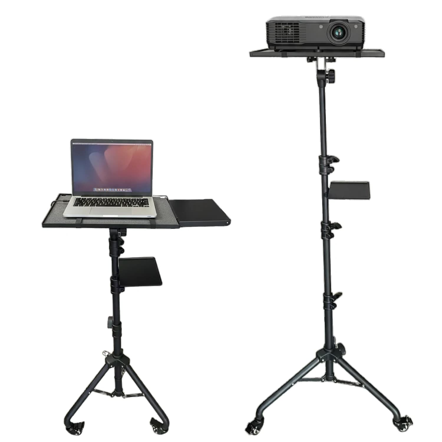 Supporto per Proiettore Regolabile da 29,5 a 71 Pollici, Treppiede con 2 Ripiani, Carrello Portatile per Laptop con Porta Telefono