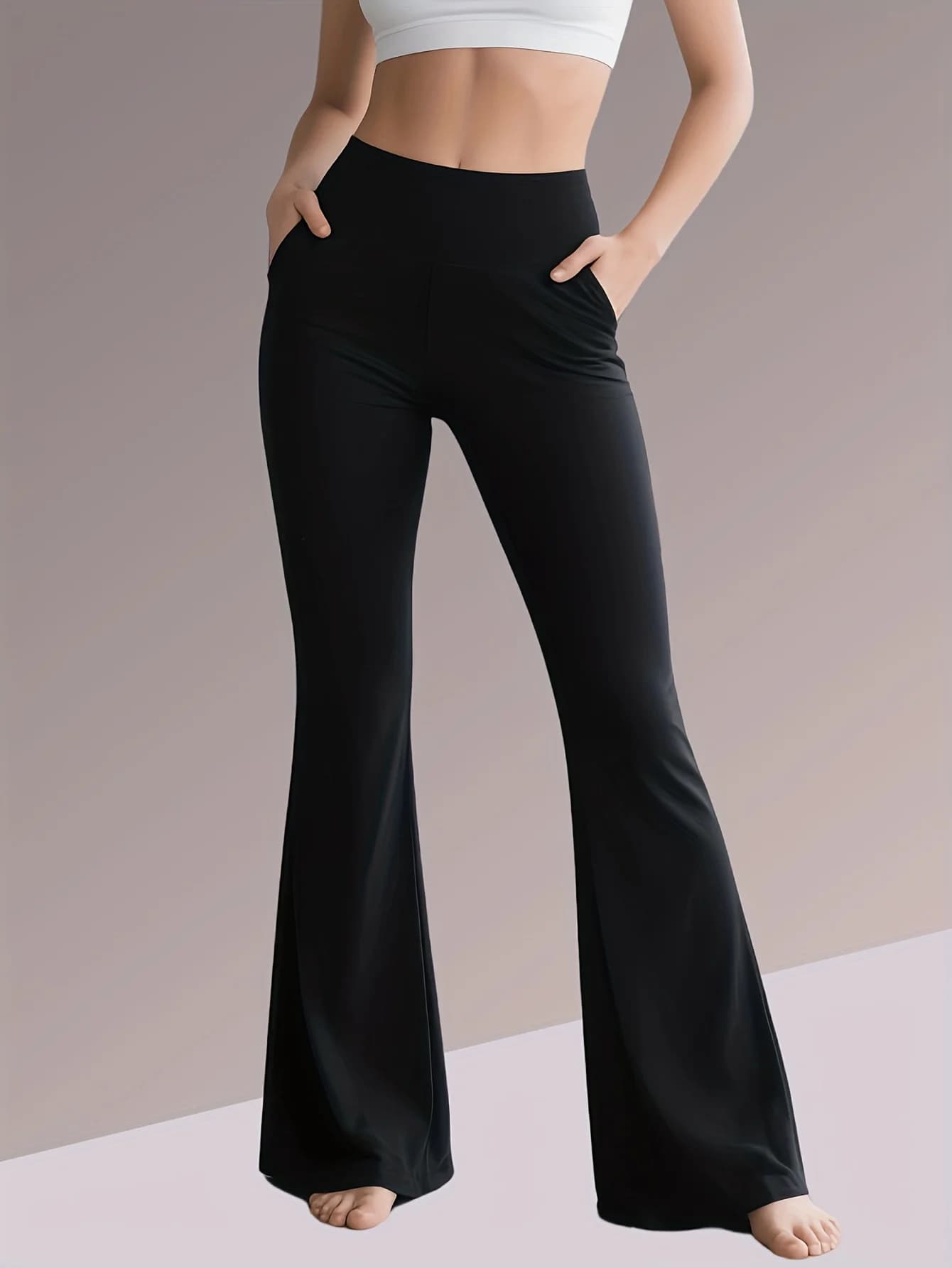 1 pezzo di pantaloni da yoga a vita alta da donna - leggings da allenamento elasticizzati medi con tasche, pantaloni sportivi casual neri solidi per la palestra