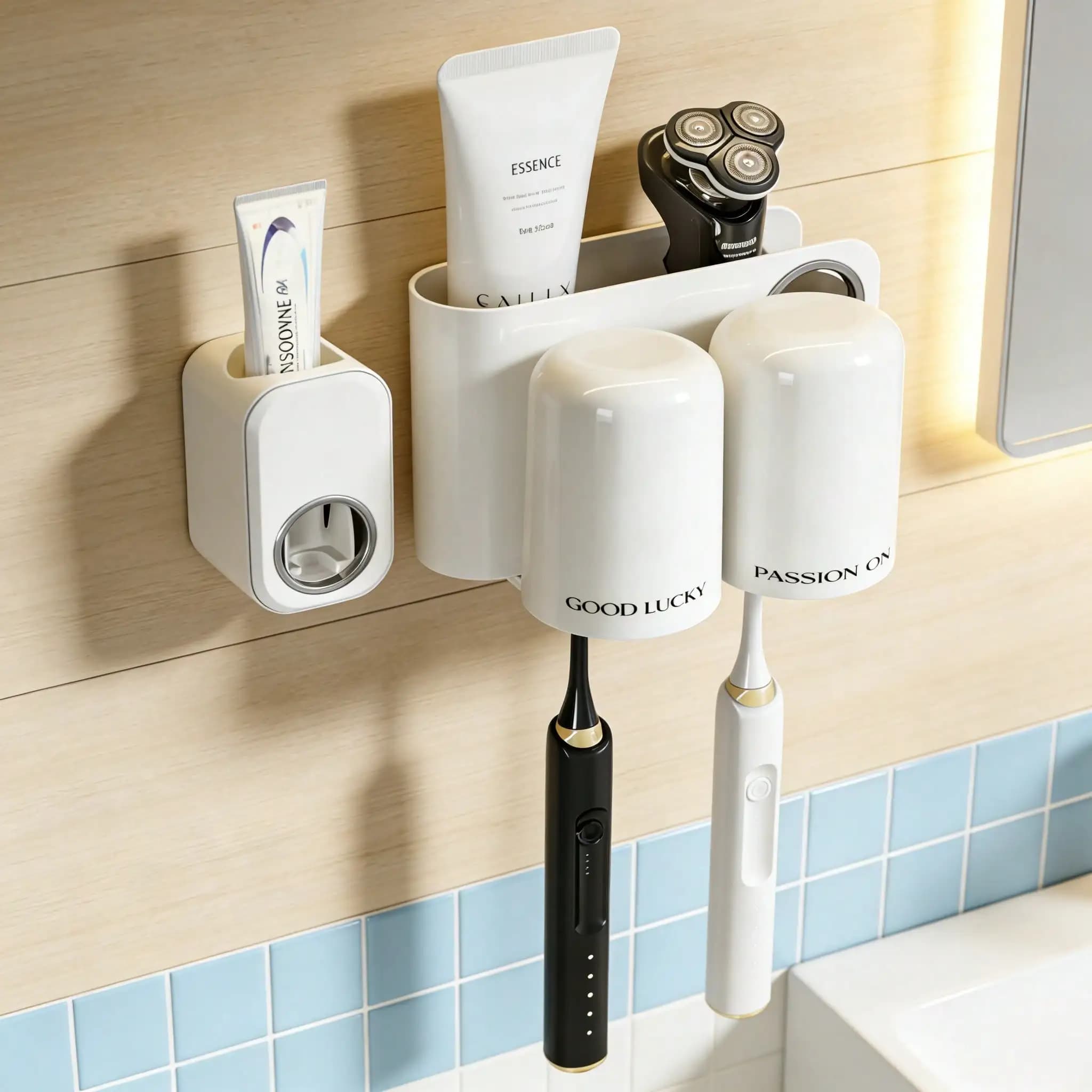 1 Set Wall-Mounted Toothbrush Holder, With 3 Dust-Proof Cups And Toothpaste Dispenser,Multifunctional Bathroom Organizer With Automatic Toothpaste Dispenser And Cups, Punch-Free Bathroom Shelf, Luxury Bathroom Set, Bathroom Wall-Mounted Organizer For Br