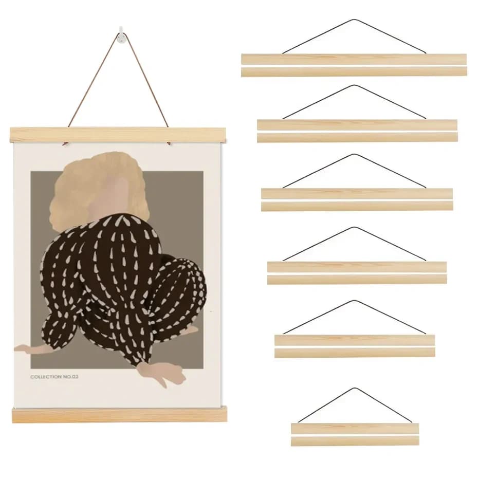 1PC magnetic image wooden poster hangers frames photo art wall print on canvas painting teak pine wood living room decorations for the house