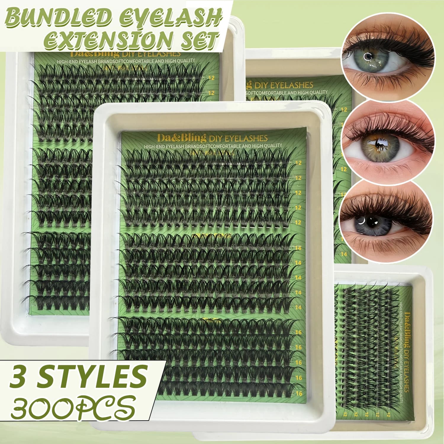 Ciglia a Ciuffetti Riutilizzabili Da&Bling, 300 Pezzi, 15 File, 80D D Curl, 12-14-16mm Misto, Naturali e Voluminose, Extension Ciglia Fai da Te