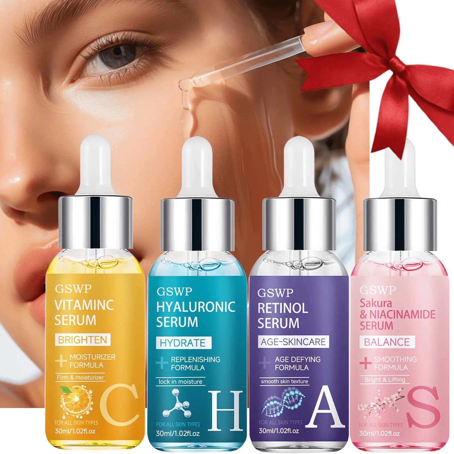Il set GSWP giorno e notte include vitamina C, retinolo, acido ialuronico ed essenza di ceramide ai fiori di ciliegio. 120 ml.