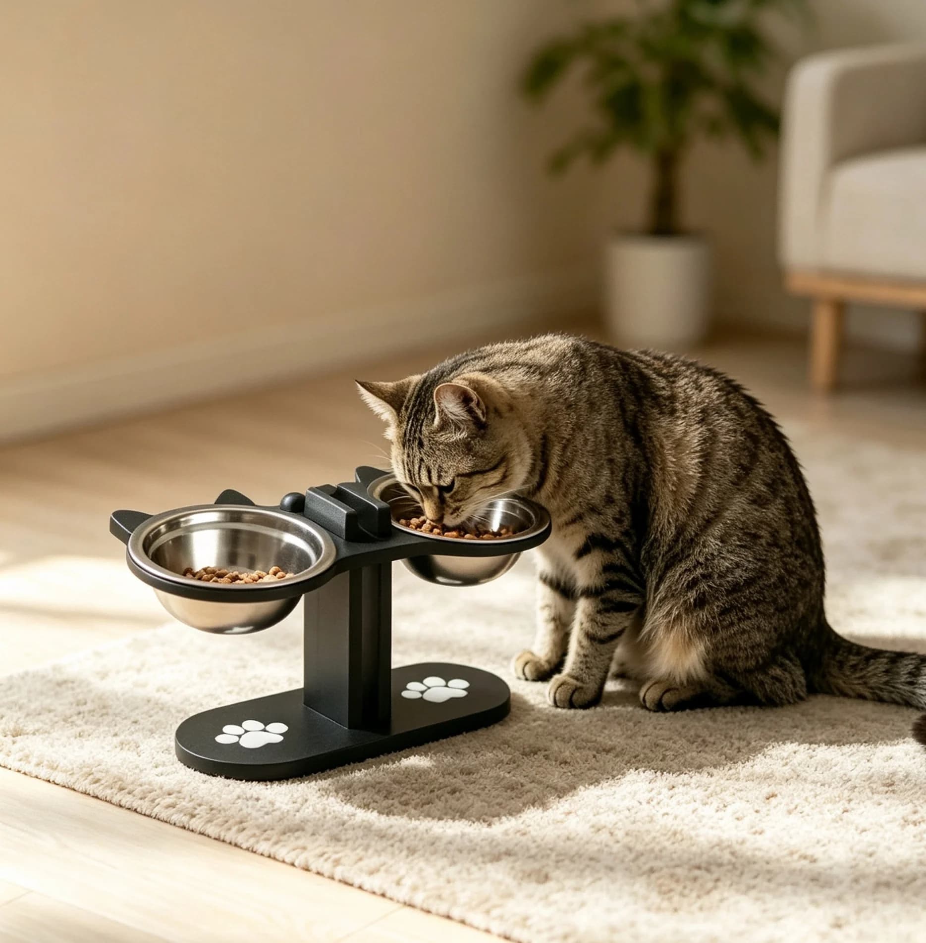 Elevated Wooden Cat Bowl Feeder Stand with Stainless Steel Double Bowls Pet Dining Table for Indoor Cats Food Water Feeding