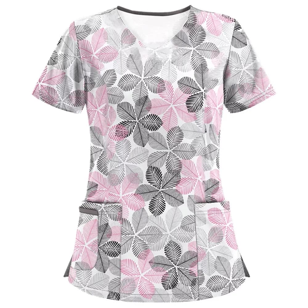 Uniforme da infermiera donna Casual stampa floreale assistenza sanitaria Medico top scollo a v manica corta con tasca uniformi chirurgiche dentali donna