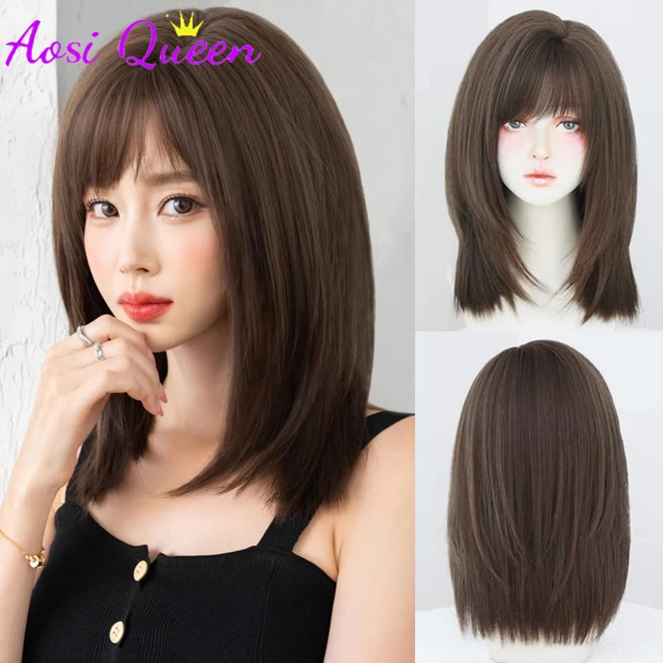 AOSIQUEEN Cool Brown Layered Synthetic Natural Hair Wigs Short Straight Hair Daily Women's Wig with Curtain Bangs Heat Resistant
