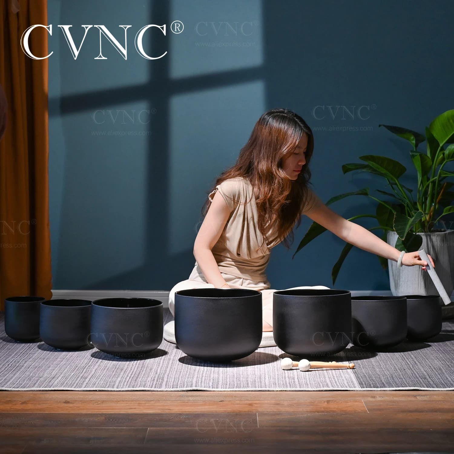 CVNC 8-14 Inch Double Black of Colored Quartz Crystal Singing Bowls Set of 7pcs for Sound Healing with Bags