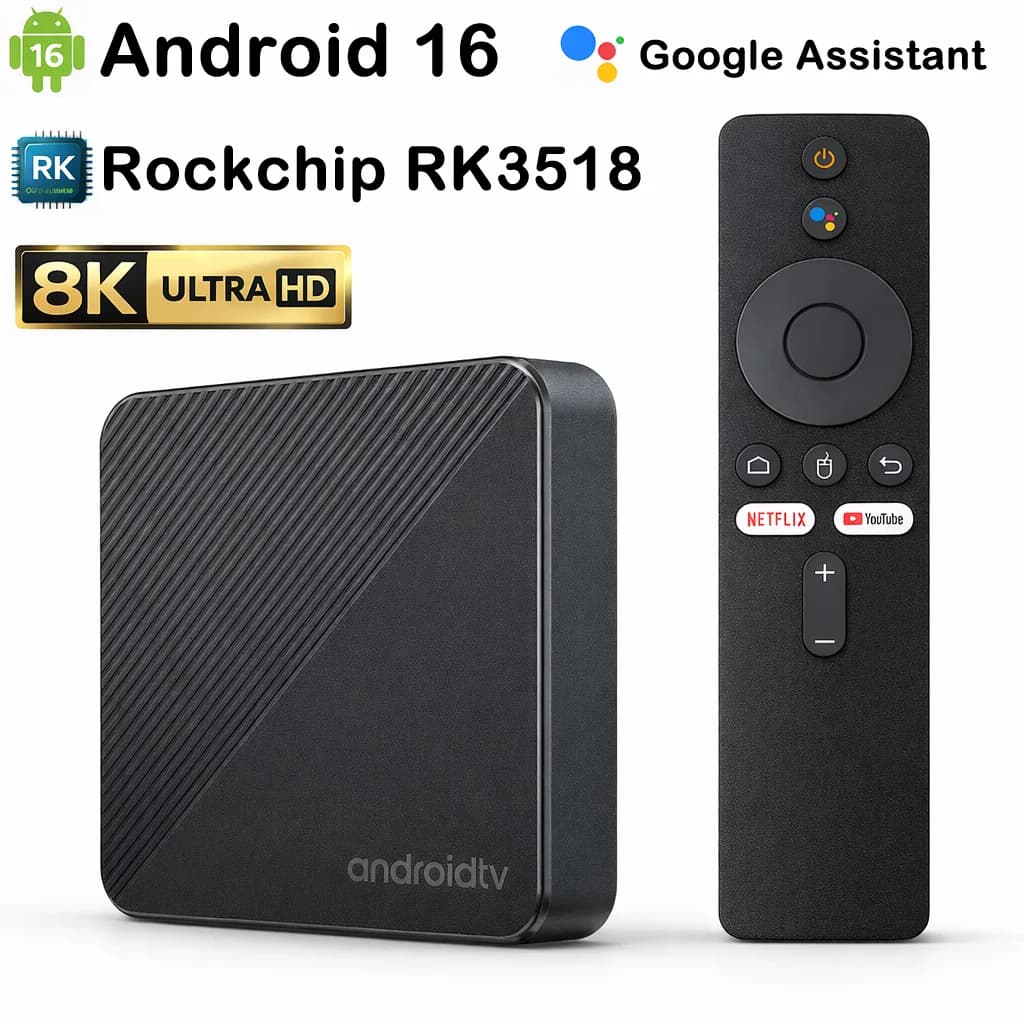 Box TV Android 16.0 Smart con Rockchip RK3518, 8K WiFi6, 4GB 32GB 64GB, Assistente Vocale Google, YouTube, Netflix, Set-Top Box, Lettore Multimediale