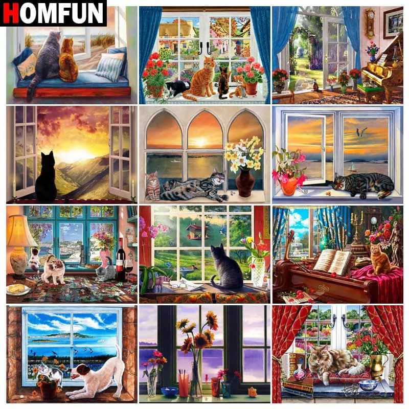 HOMFUN Full Diamond Embroidery "Cat windowsill Scenery" Diamond Painting Cross Stitch Patterns Rhinestone Unfinished Home Decor