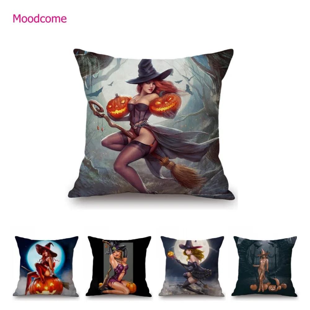 Decorazione di Halloween Strega sexy Scuro Luna piena Mago Stampa Cotone Lino Sedia Sedile Fodera per cuscino Federa decorativa