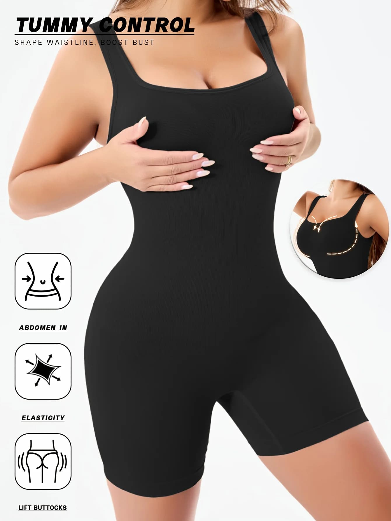 Women's Seamless Bodysuit/Tummy Control, Lifting, Chest Wrapping, Waist Training, Shaping/U-Neck Body Shaper, Lifting Shapewear/Daily Dress with Crotch Snap-In Underwear—Pure Black