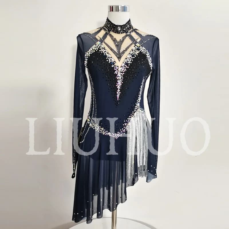 LIUHUO Pattinaggio di Figura sul Ghiaccio Vestito Ragazze Donne Adolescenti Elastico Spandex Blu Navy Competizione All'ingrosso BD9132