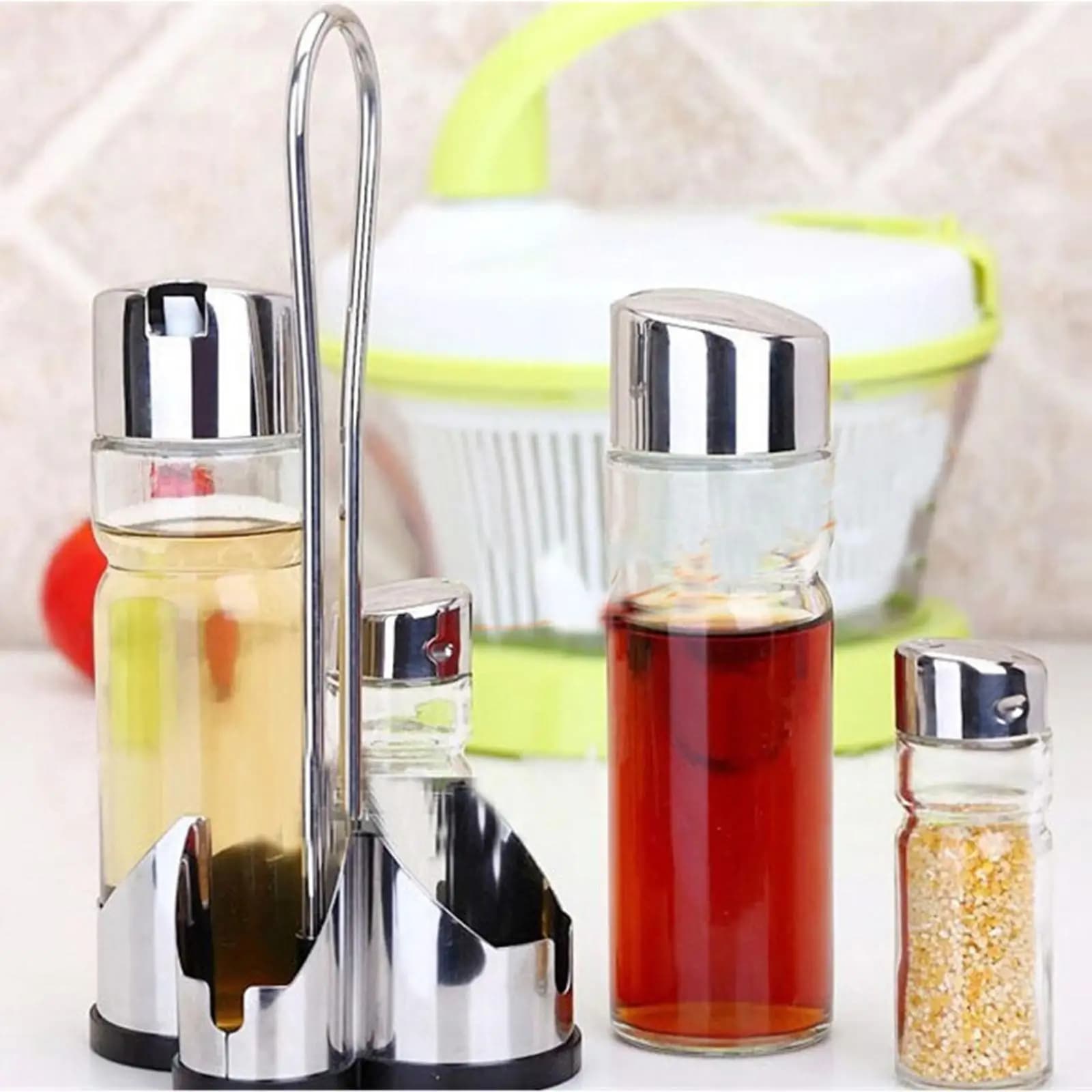 Set di olio e aceto Contenitore di vetro multifunzionale con supporto Barattolo di sale Cucina domestica Pepe BBQ Bottiglia di olio Barattoli di spezie in vetro