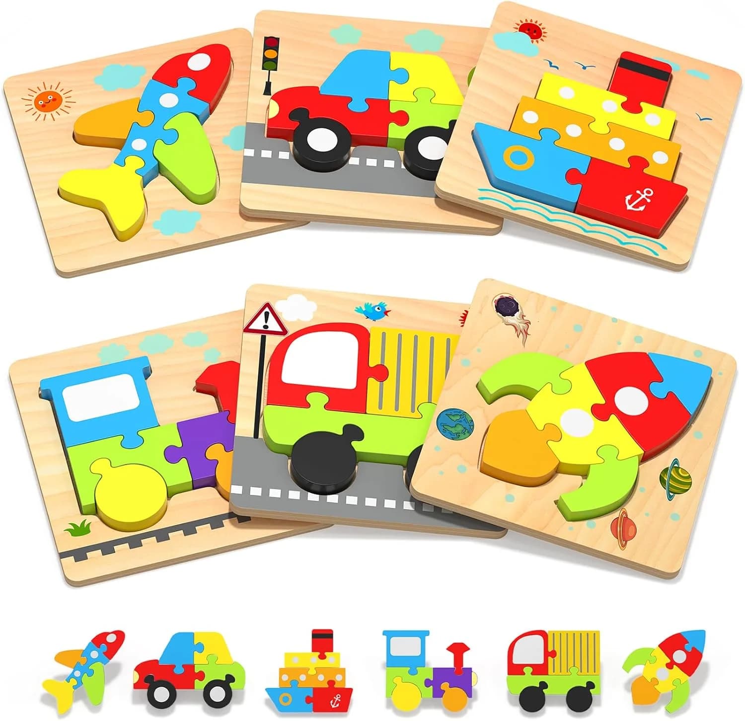 Puzzle in Legno per Bambini, Giocattoli Educativi per Bambini di 1 2 3 Anni, 6 Forme di Veicoli, Blocchi Educativi, Regali per Pasqua