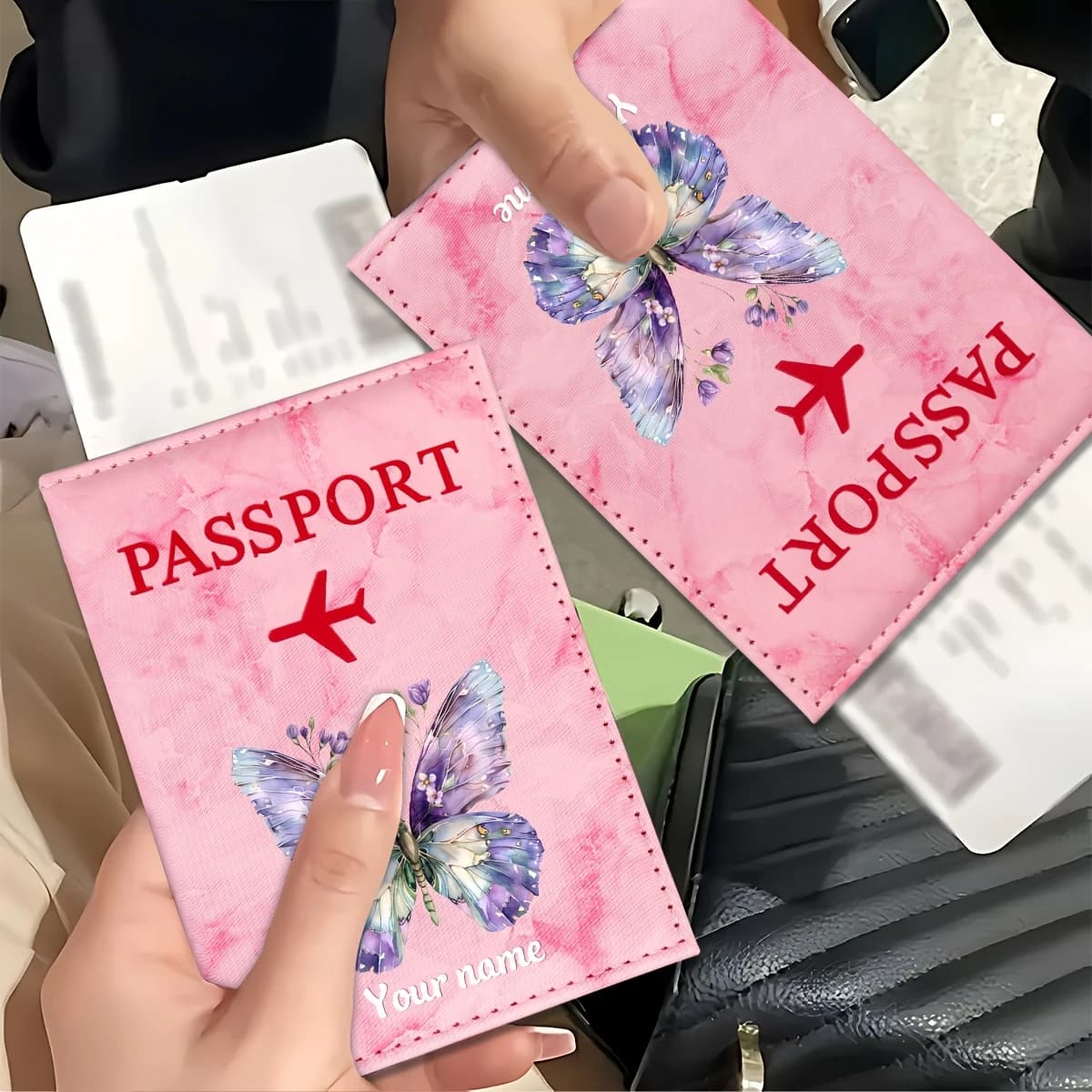 Personalized Custom Letter Name Custom Butterfly Illustration PU Passport Holder, Exquisite Dreamy and Elegant Butterfly