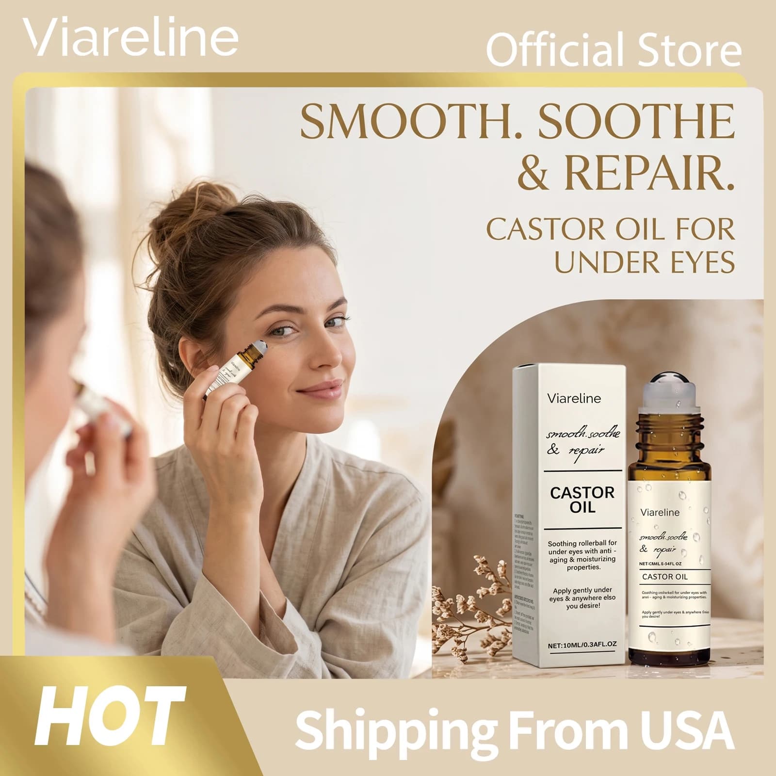 Viareline Firming Eye Roller Oil Reduce Dark Circles Eye Bags Puffiness Fine Lines Lifting Brighten Refreshing Gentle Daily Care Serum