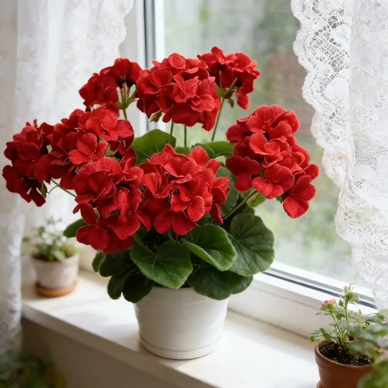 Artificial Flowers of Red Geranium, Geranium Plants for Exterior, Patio, Portico, Fioriera, Interior Decorations (Pack 2)