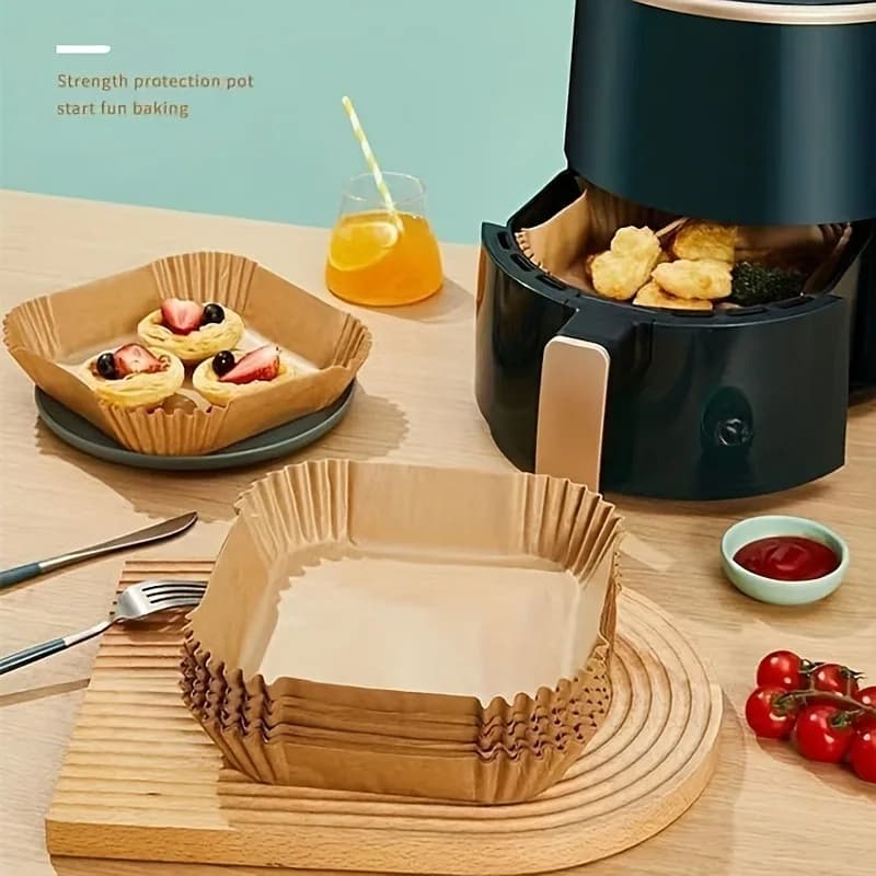 50PCS Non-Stick Air Fryer Liners – Square Perforated Parchment Paper Mats for Fries, Chicken, Snacks – Reusable, Oil-Resistant