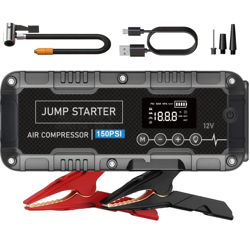 Avviatore d'emergenza 7-in-1 con compressore d'aria, avviatore portatile per batteria 9000A di picco, gonfiatore digitale per pneumatici 150PSI
