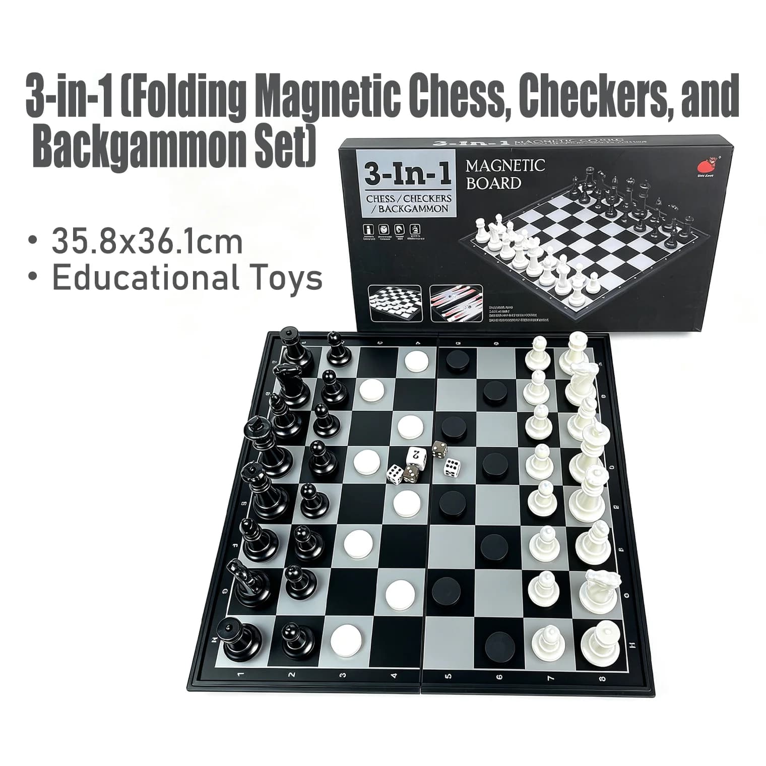 35.8x36.1cm 3 in 1 Folding Magnetic Chess Checkers Backgammon Set Board Game Educational Puzzle Toy Gift for Kids Adults
