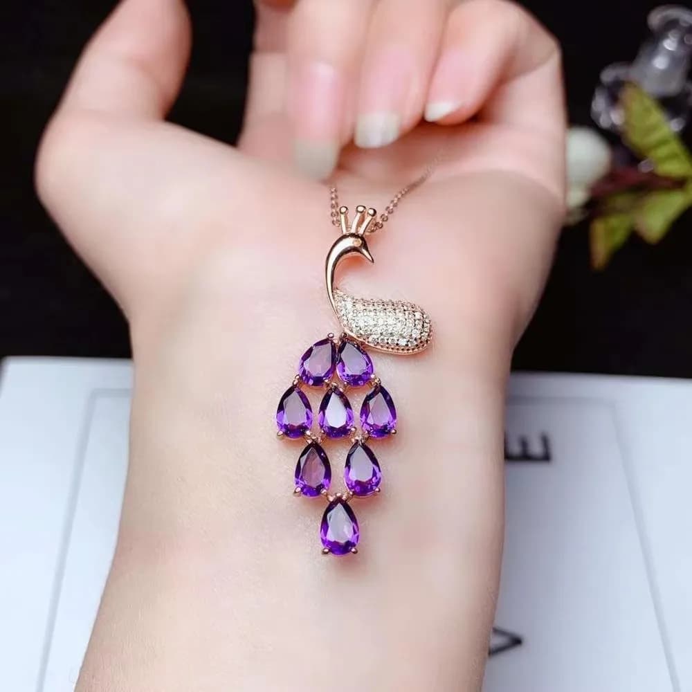 KJJEAXCMY Boutique Jewelry 925 Argento puro Ametista naturale Set di anelli con pendente Phoenix da donna Placcato in oro rosa Festa di nascita