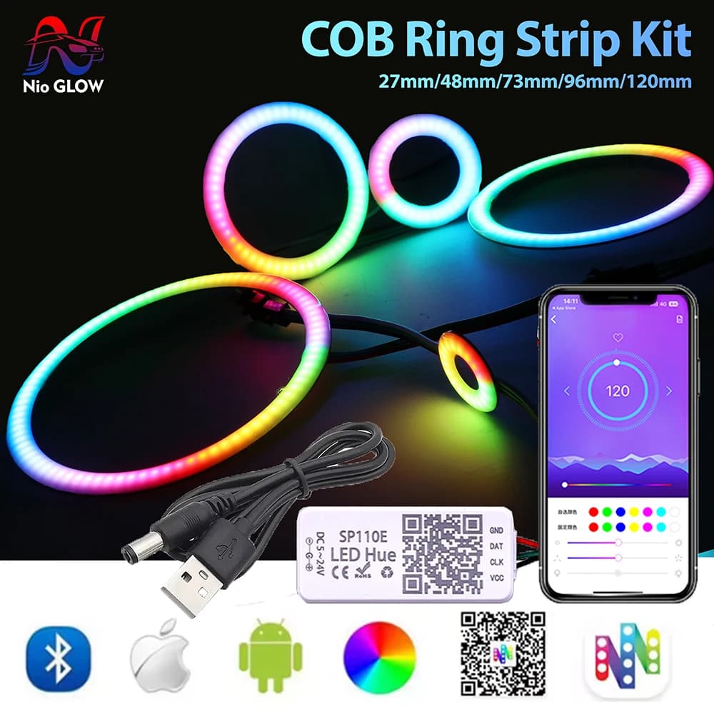 Kit striscia ad anello COB USB SP110E Controller APP Bluetooth COB RGB WS2812 Striscia Connettore indirizzabile individualmente 27/48/73/96/144MM