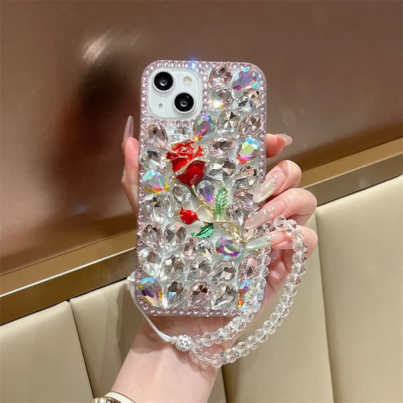 Luxury Full Diamond Rose Flower phone case for iPhone 11 12promax 15Pro 14 plus 13 16 Pro fashion shockproof protective cover