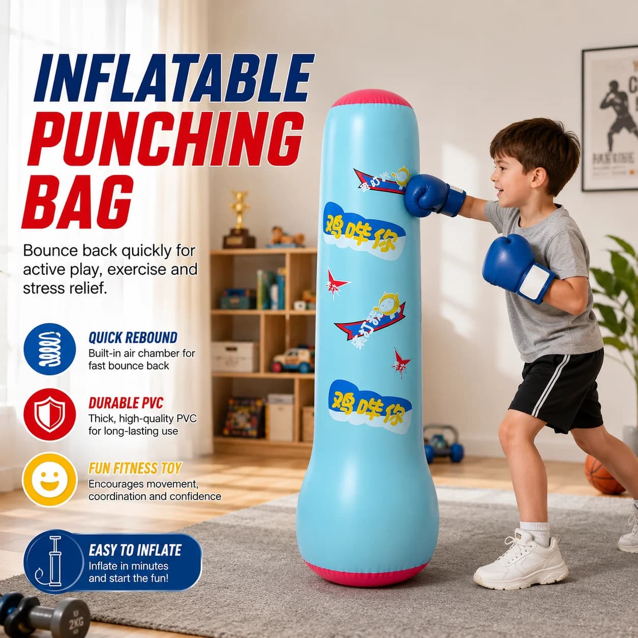 Inflatable Punching Bag Stand Up Boxing Bag for Training Exercise Stress Relief Rebound Punching Toy Fitness Equipment