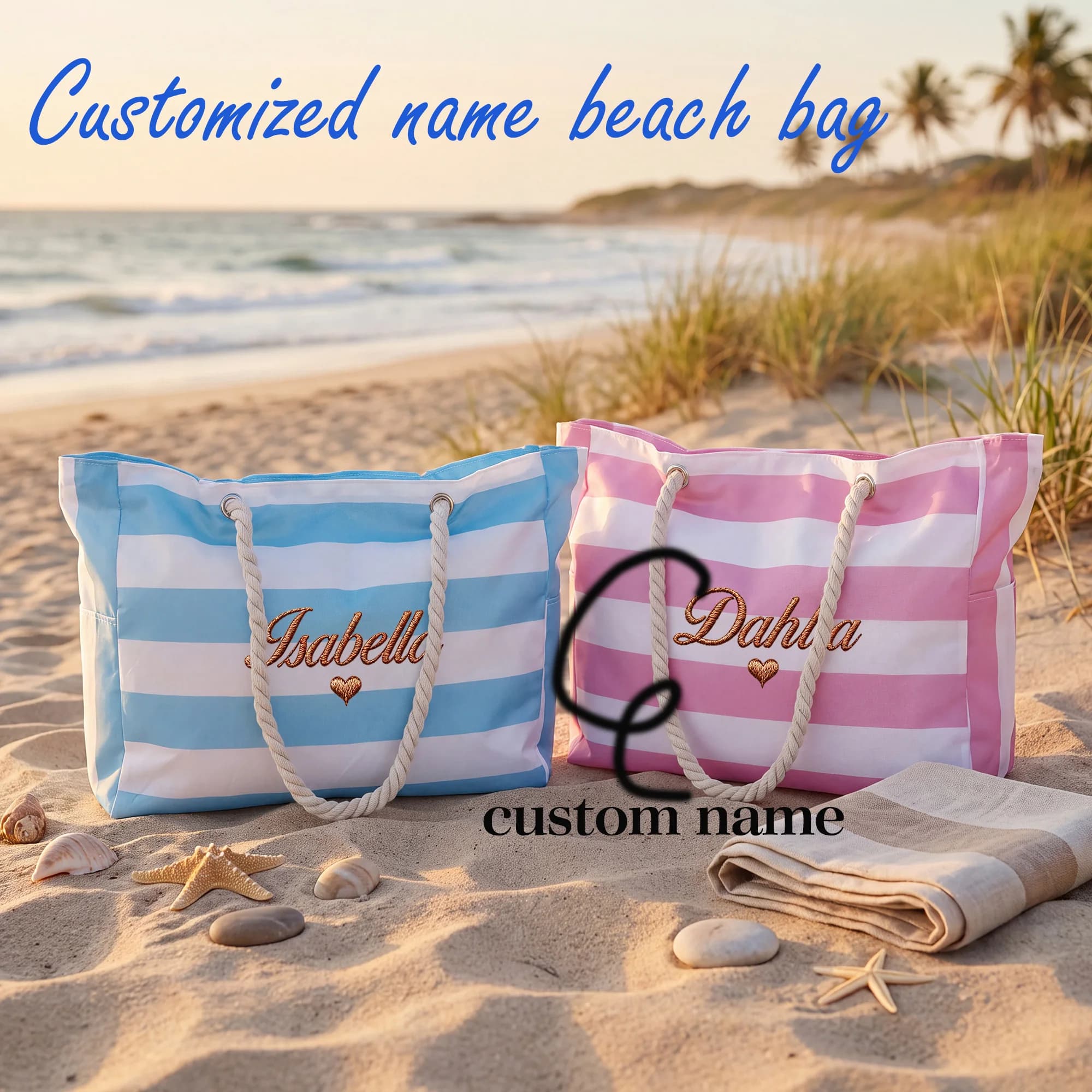 Personalized Embroidery Striped Canvas Beach Bag, Custom Name Rope Handle Tote, Bridesmaid Gift Bag