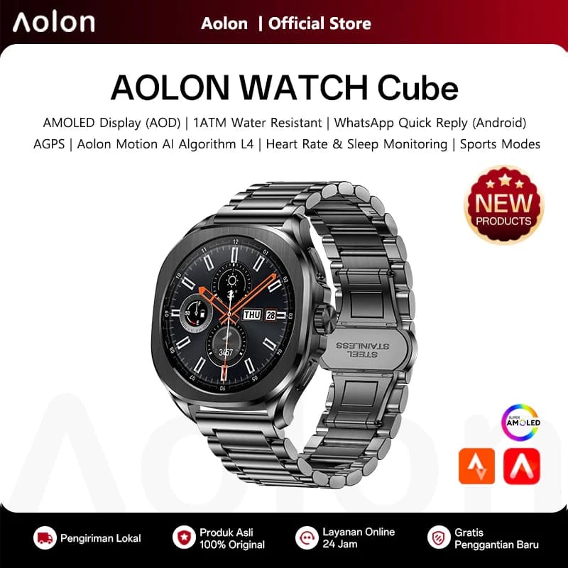 Aolon Cube Smart Watch 1.43" AMOLED Screen Bluetooth WhatsApp Call AGPS 1ATM Heart Rate Monitor Outdoor Sport Fitness Tracker