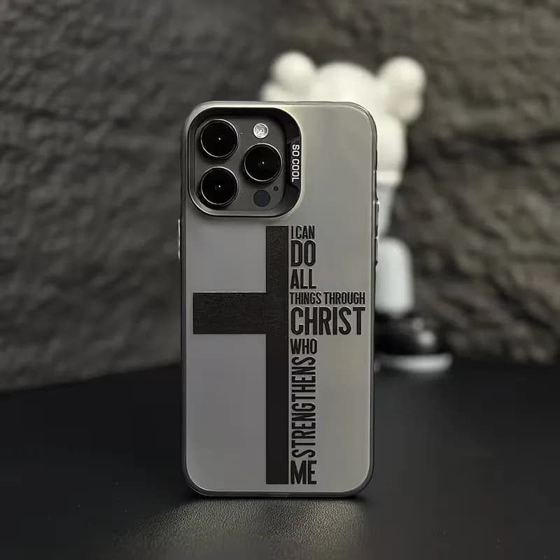 Cover Anti-Impronta a Croce con Design Biblico per iPhone 17 16 15 14 13 12 11 Pro Xs Max Plus Air Mini XR X 17e 16e, con Placcatura