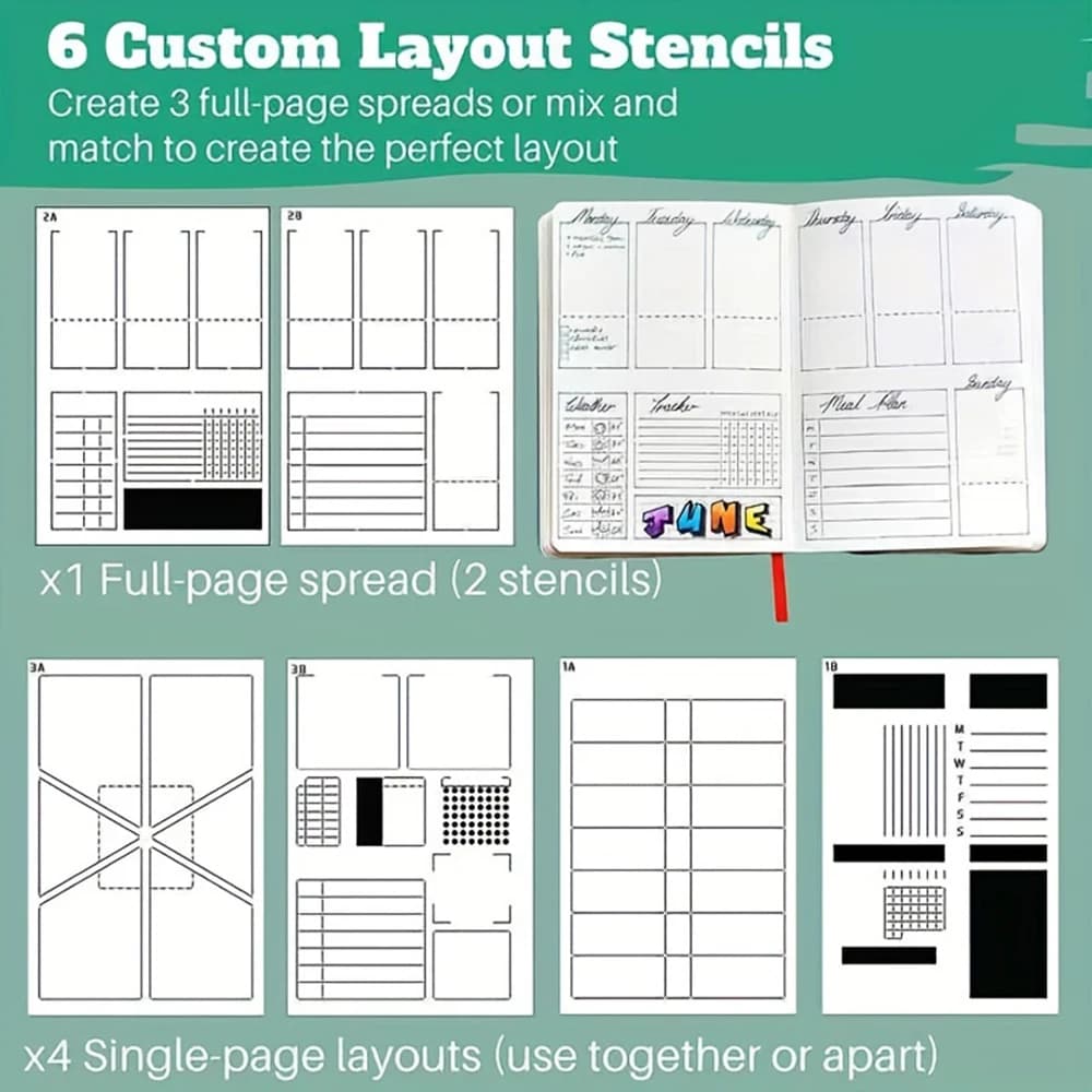6pcs Weekly Journal Stencil set for A5 Bullet Journal Notebook,Diary,Scrapbooking
