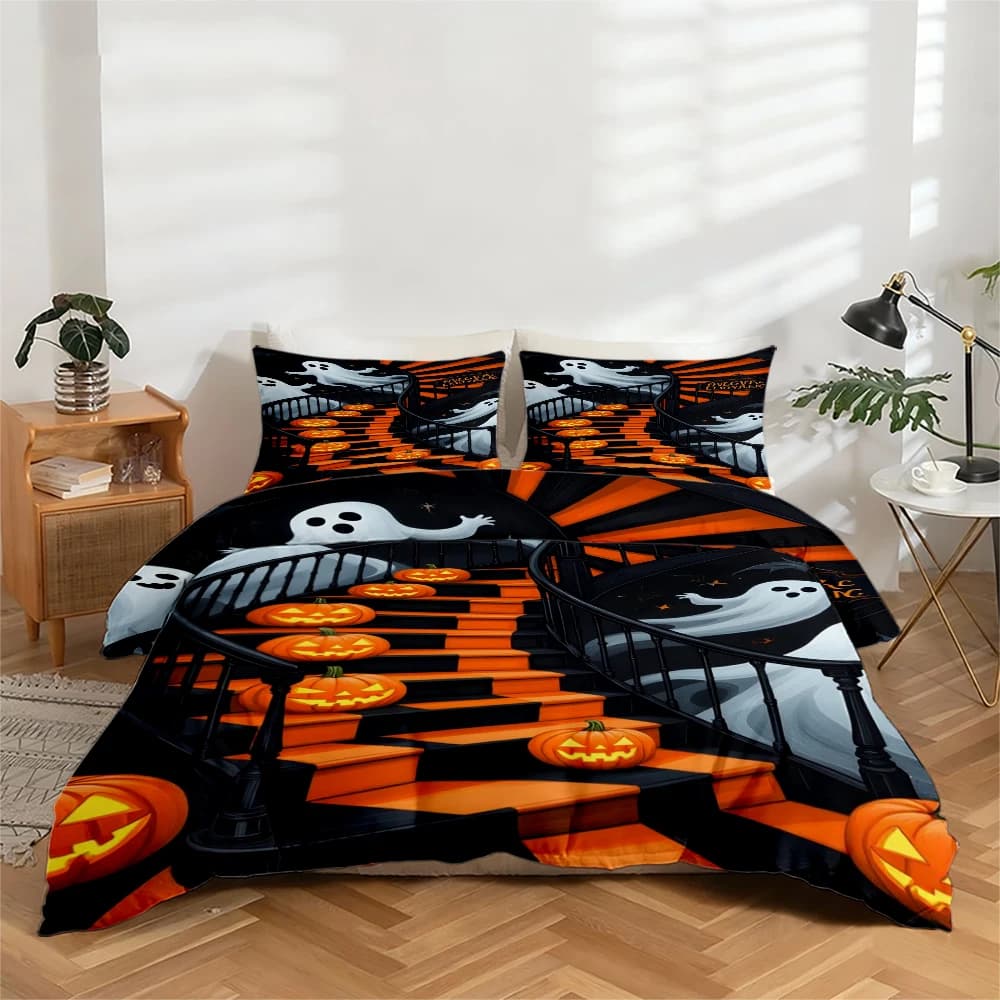 Set di biancheria da letto con stampa digitale ad alta definizione, set copripiumino con motivi di zucca, pipistrello e casa infestata, set copripiumino con stampa di grandi motivi, include 1 copripiumino + 2 federe, adatto per camera da letto, stanza degli ospiti, decorazioni per la casa, set copripiumino + federe in fibra di poliestere, set da tre pezzi, biancheria da letto ultra morbida, tessuto spesso, adatto a tutte le stagioni, lavabile in lavatrice, 3 pezzi