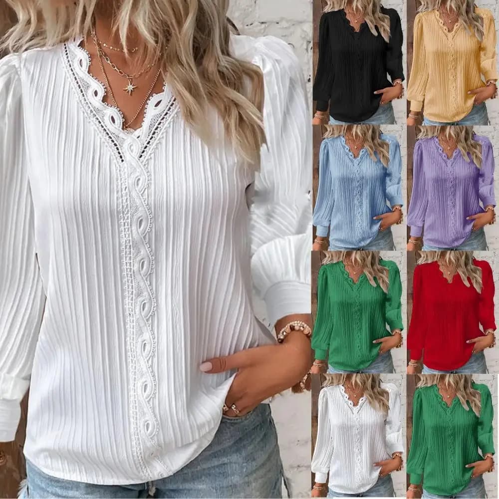 Camicia da donna con cuciture in pizzo Cuciture larghe con scollo a V Pullover a maniche lunghe Camicia in chiffon Top autunnale Camicetta da strada semplice ed elegante