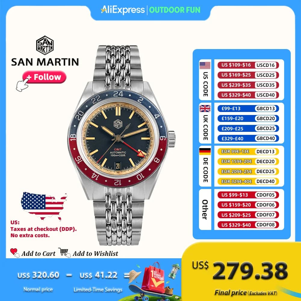 Watch San Martin Design aged 39,5 mm Vintage men's watch GMT NH34 Automatic movement with rice steel bracelet reloj hombre SN0116