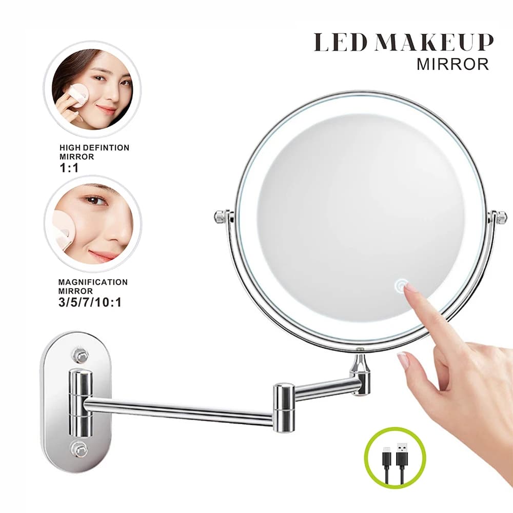 Specchio per trucco da 8 pollici cromato 3x/5x/7x/10x ingrandimento doppio lato ricarica USB bagno specchi cosmetici intelligenti con luce a 3 colori