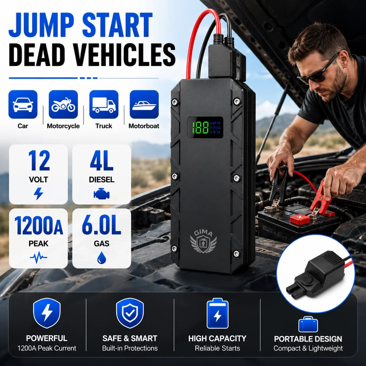 Avviatore di Emergenza per Auto 1200A (Picco) 12000mA, Power Bank Portatile con Torcia LED (SOS/Strobo), Funzione Power Bank (Uscita USB-C e DC), Booster Batteria Auto 12V con Morsetti di Sicurezza Intelligenti