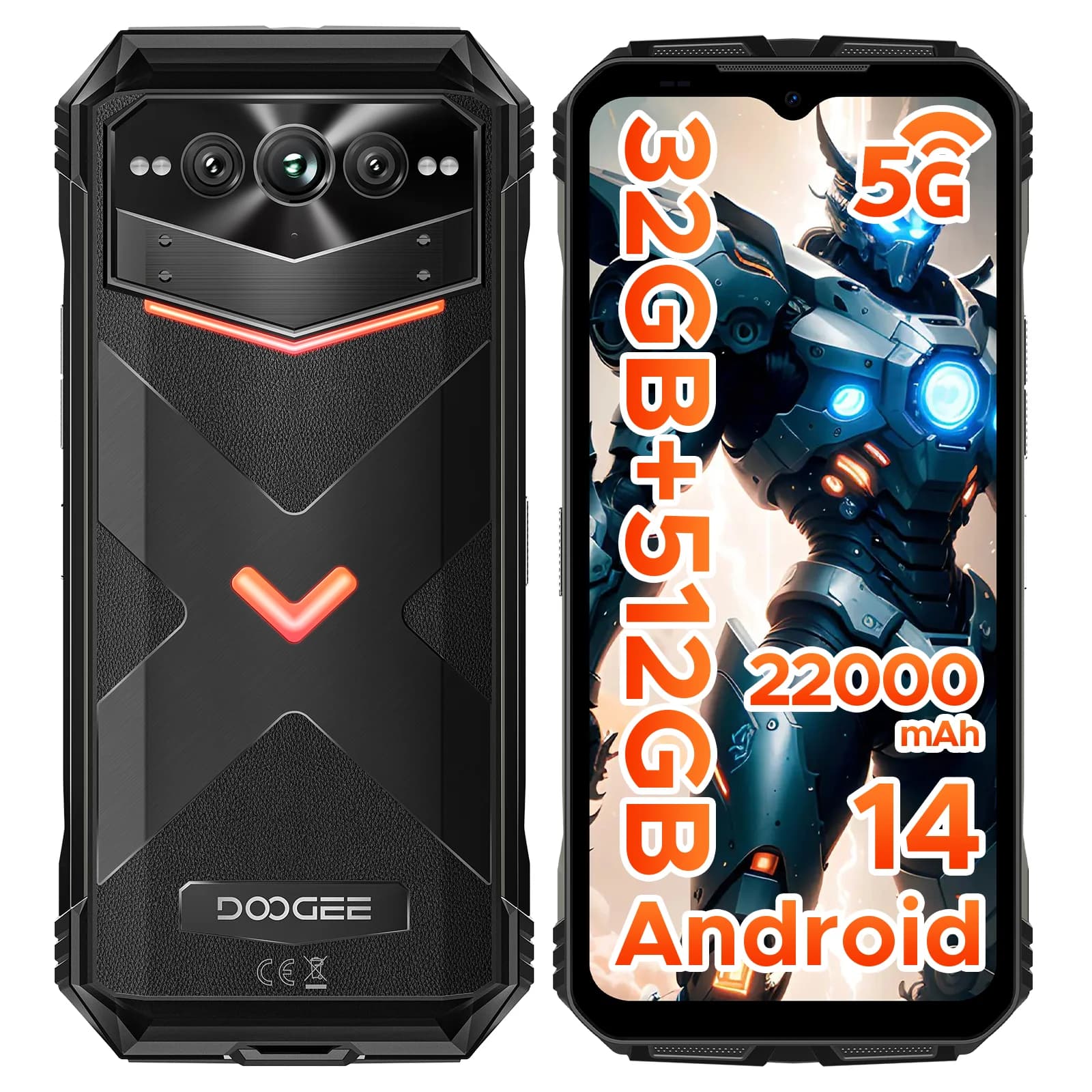 DOOGEE V Max Pro 5G Telefono Rugged con Dimensity 7050, Display 6.58'' 120Hz, Batteria 22000mAh, 12GB+512GB, Effetti Luminosi, Smartphone 5G