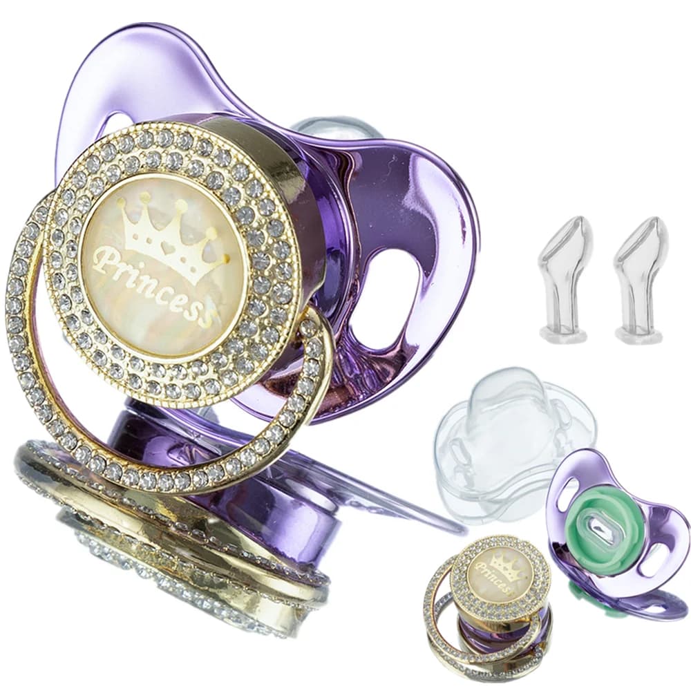 Il ciuccio viola metallizzato personalizzato con manico Bling Miyocar porta 3 tettarelle di ricambio Include tutte le dimensioni per Bo per il regalo della ragazza del ragazzo