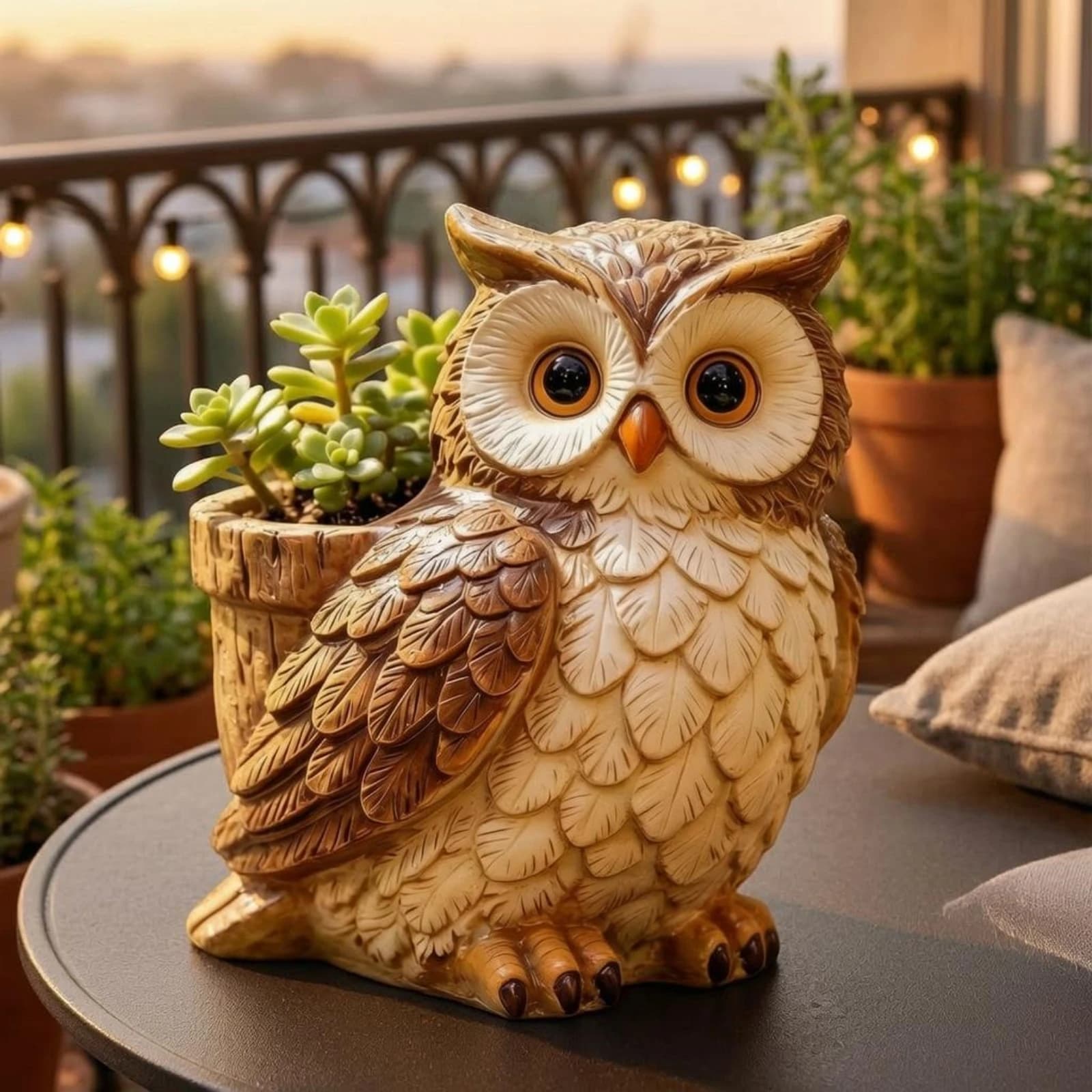Owl Planter Resin Decorative Owl Planter Raised Feather Details Outdoor Decor for Garden, Patio, Balcony